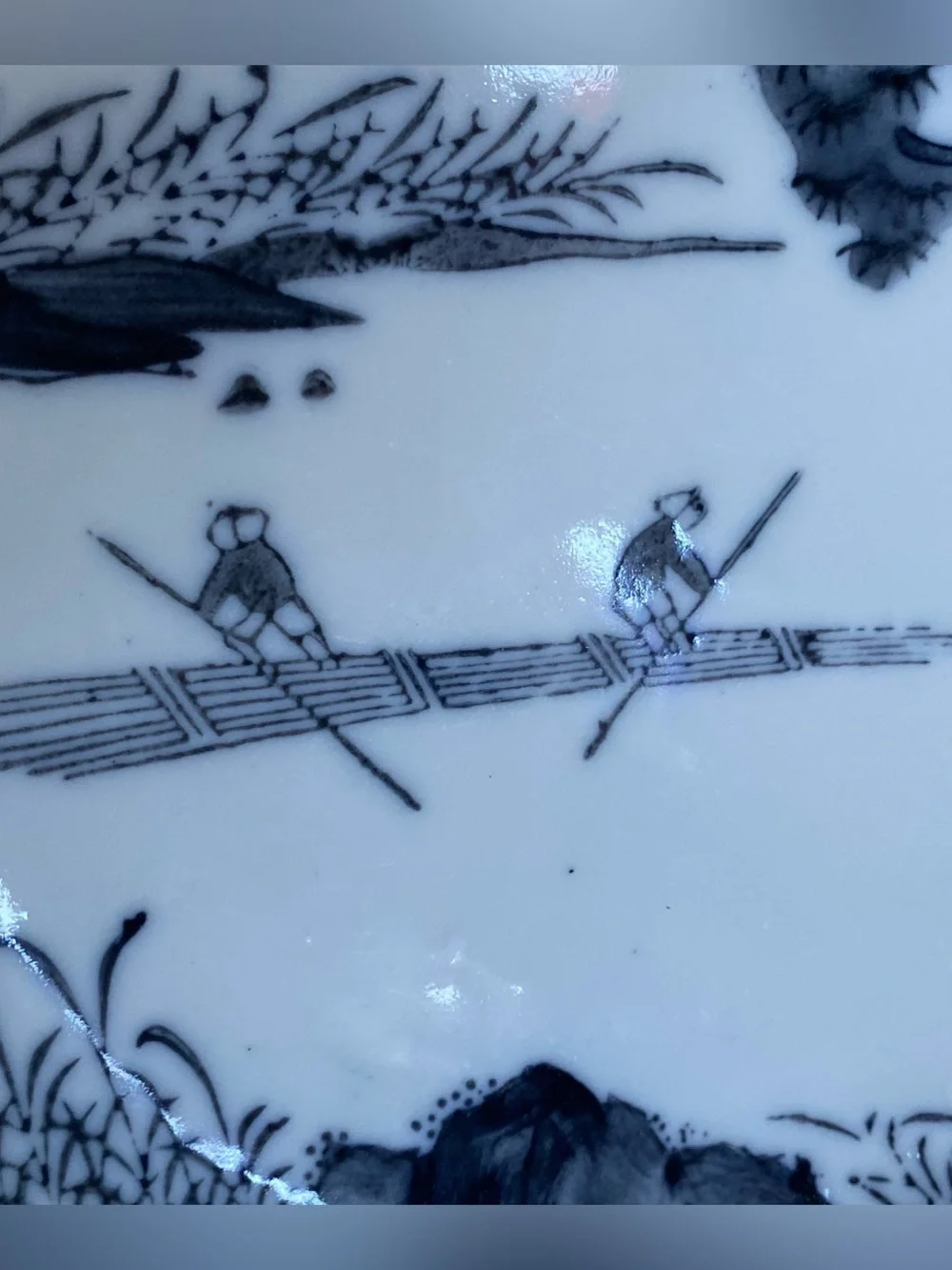 Vtg Japanese Black White Porcelain Seto Ware Landscape Boat Scalloped Edge Plate